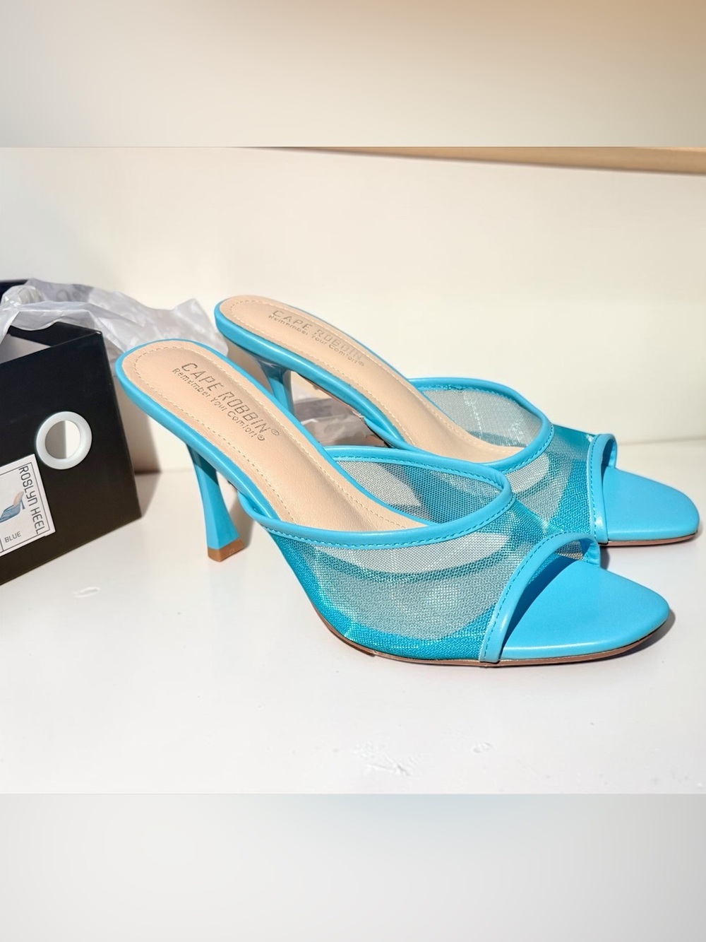 Cape Robbin Blue Mesh Slide Sandals With Mid Heel Size 7.5